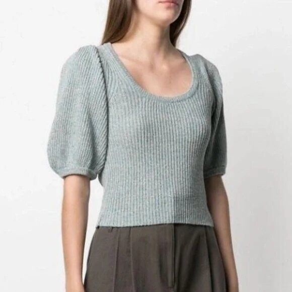 GANNI Top Light Blue Ribbed Puff Sleeve Linen Blend Sweater size XSmall,All Products : American Fashion Style Bags On Sale